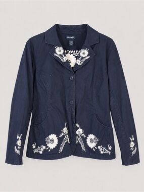 Denim&Co Navy Cotton Blazer with White Floral Embroidery